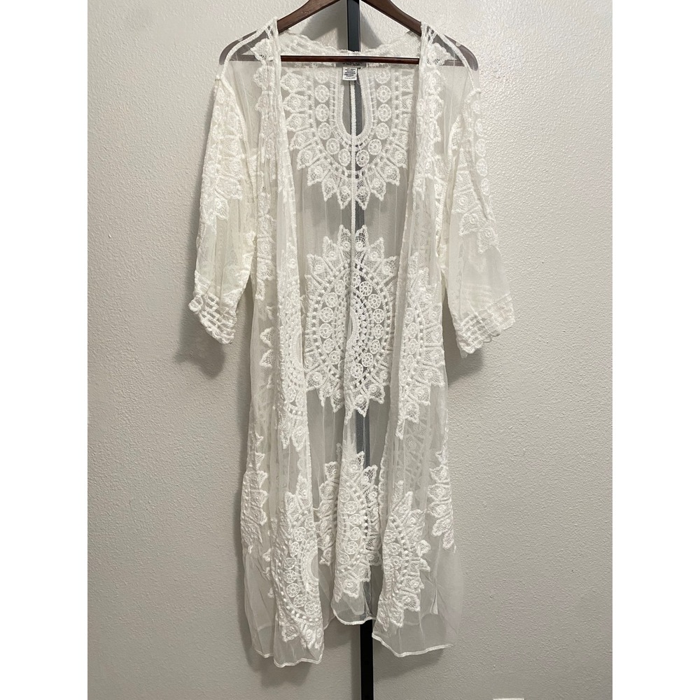 Sheer Embroidered Boho White Duster Festival Earthy Fairy Eclectic Coastal Beach